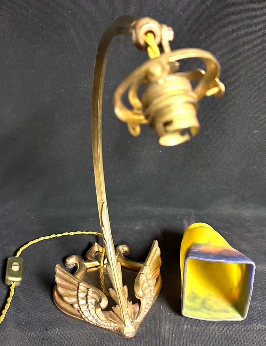 Art Nouveau Desk Lamp Base In Winged Bronze And Tulip Muller Frères Luneville Wing-photo-2
