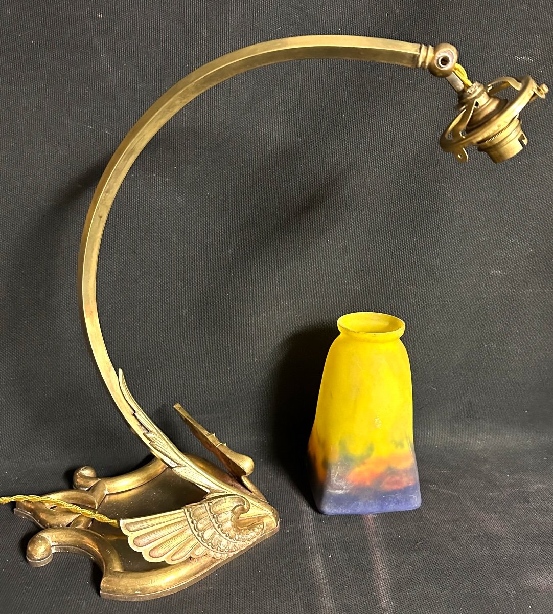 Art Nouveau Desk Lamp Base In Winged Bronze And Tulip Muller Frères Luneville Wing-photo-4