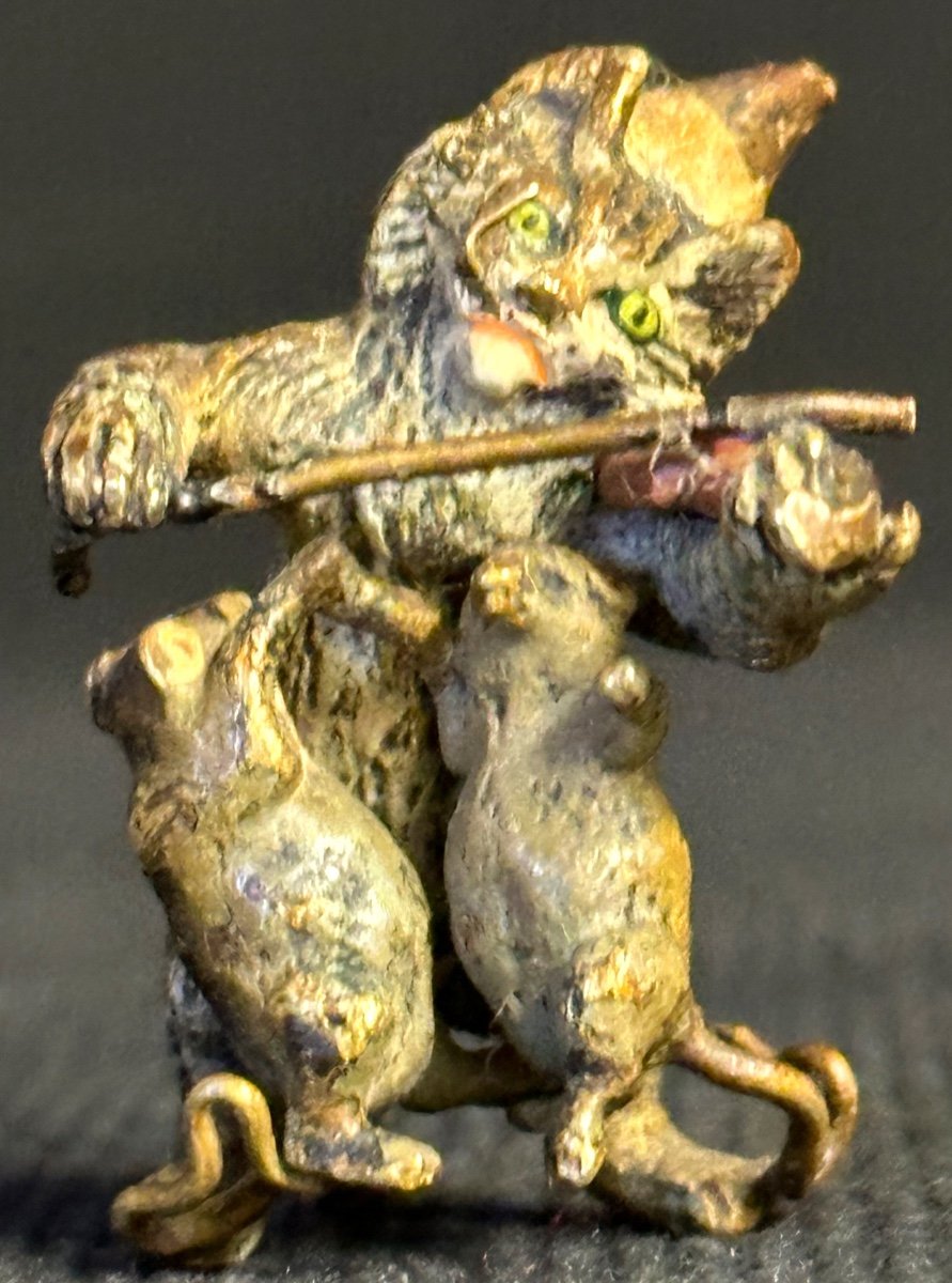 RARE Bronze de Vienne Chat violoniste et souris dansant Musique Violon musicien-photo-3