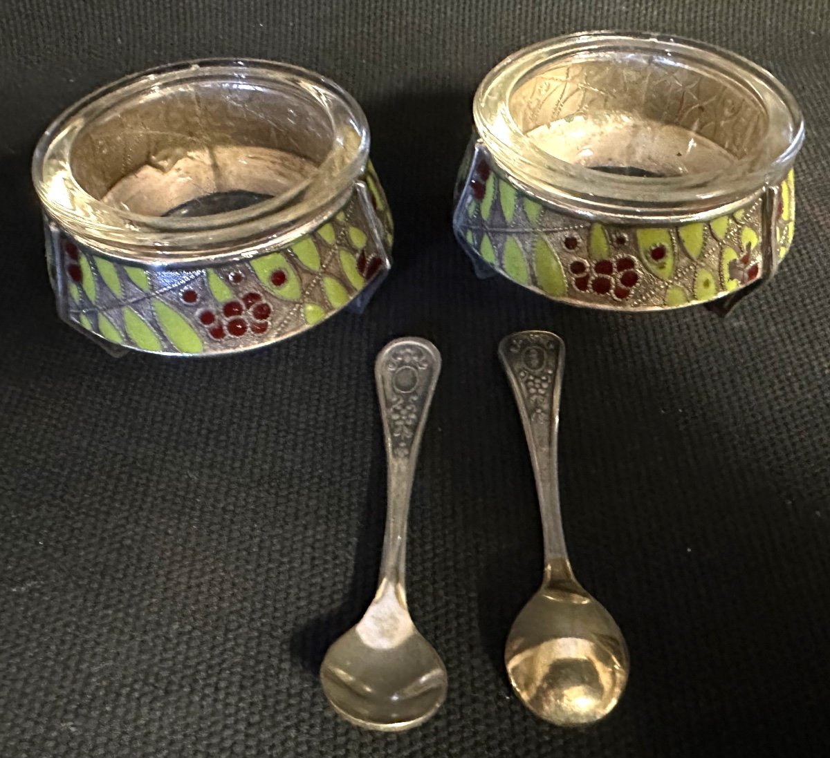 Pair Of Russian Caviar Bowls 1920 Enameled With Their Spoons Signed Russia Salt Pepper-photo-3
