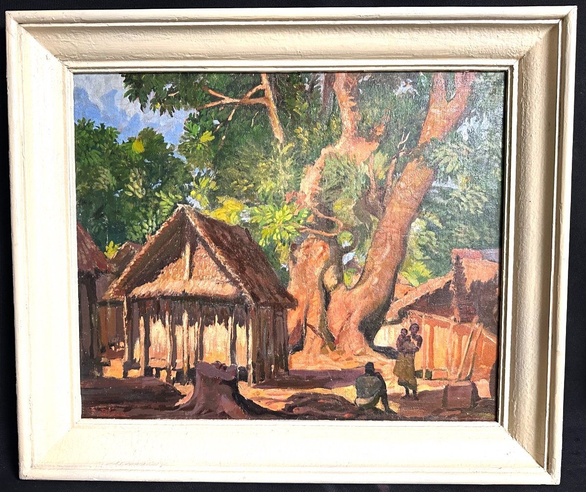 Paul BLEGER Suisse 1889-1981 Huile Village animé à Madagascar peintre voyageur RARE-photo-2