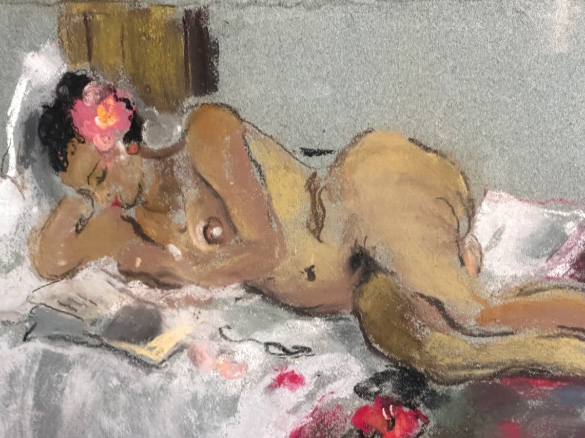 Henriette Deloras 1901-1941 Rare Large Pastel Nude Woman With Flower Reading Homage To Gauguin-photo-4