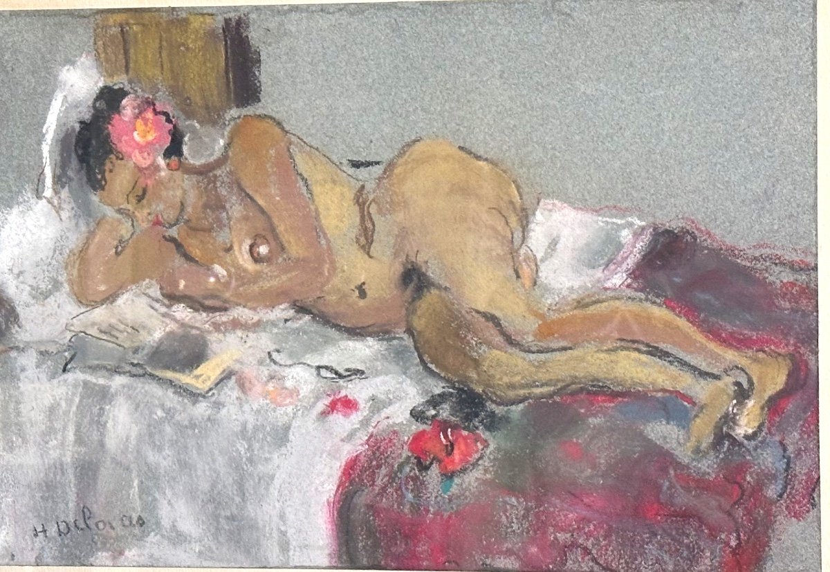 Henriette Deloras 1901-1941 Rare Large Pastel Nude Woman With Flower Reading Homage To Gauguin