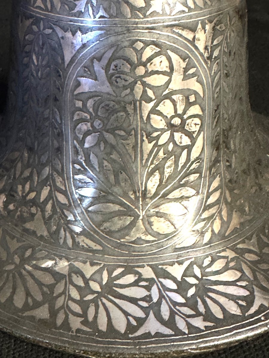 Rare India 19th Century Mamluk Candlestick In Metal And Silver Orient Hookah-photo-2