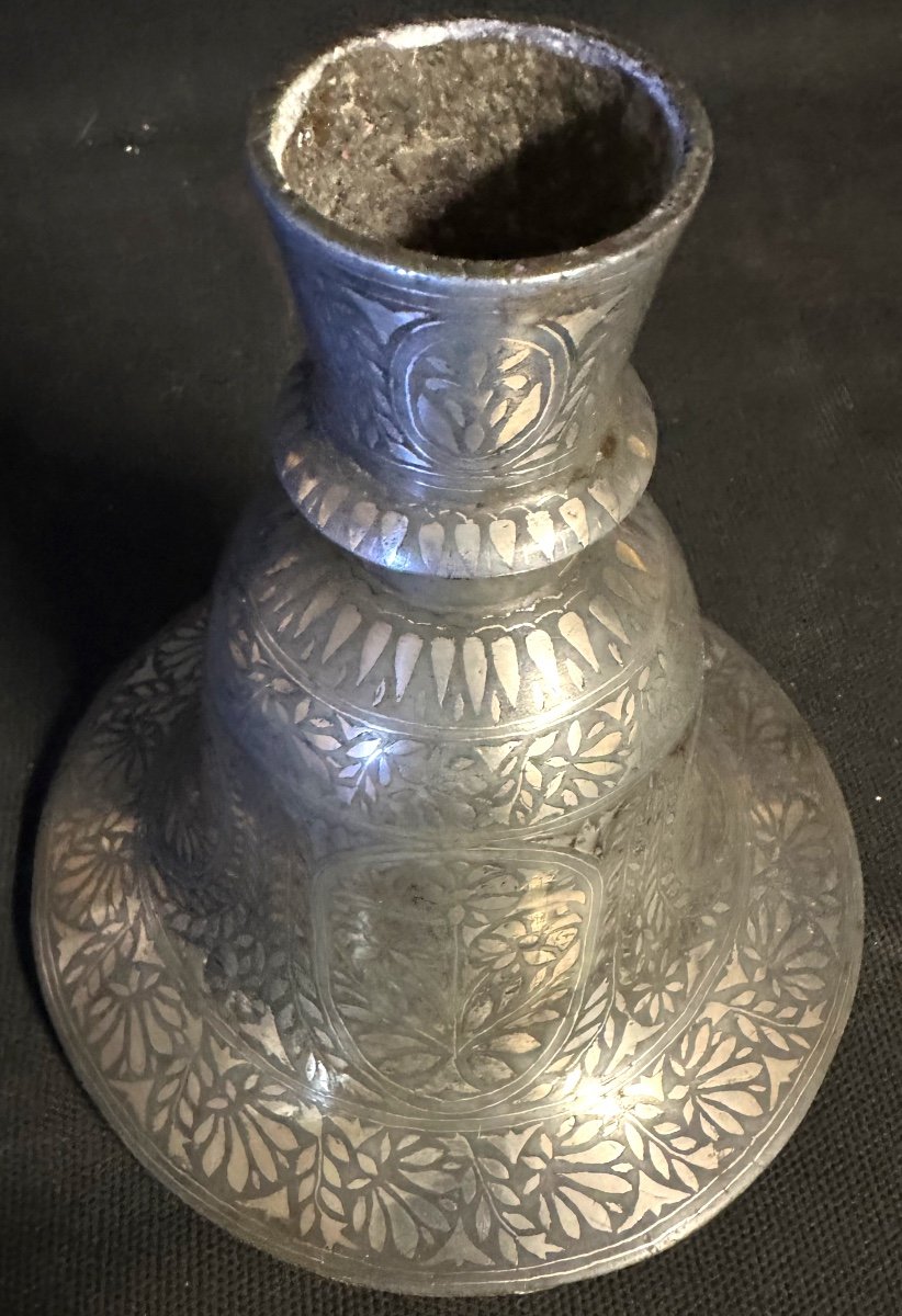 Rare India 19th Century Mamluk Candlestick In Metal And Silver Orient Hookah-photo-3