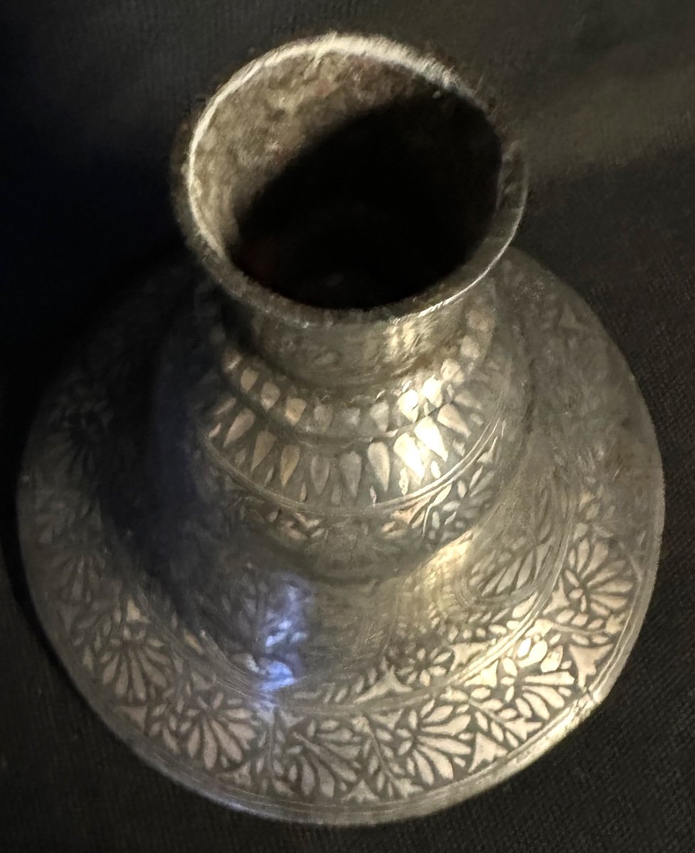 Rare India 19th Century Mamluk Candlestick In Metal And Silver Orient Hookah-photo-2