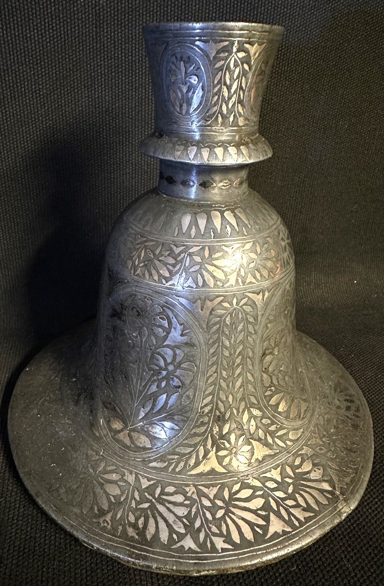 Rare India 19th Century Mamluk Candlestick In Metal And Silver Orient Hookah