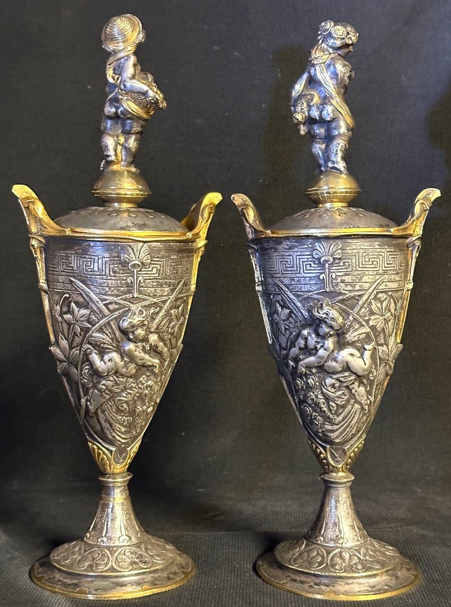 Paire de pots couverts XIXe En bronze argent et or Urnes cassolettes Barbedienne dlg-photo-4
