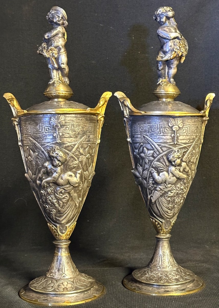 Paire de pots couverts XIXe En bronze argent et or Urnes cassolettes Barbedienne dlg-photo-5