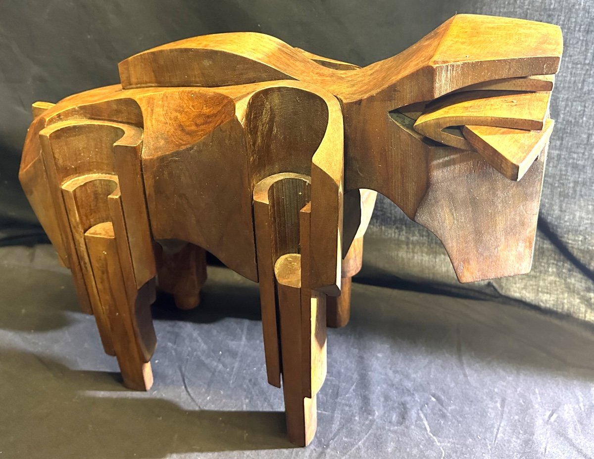 Large Animal Sculpture In Solid Wood Puzzle Style 1980-photo-3