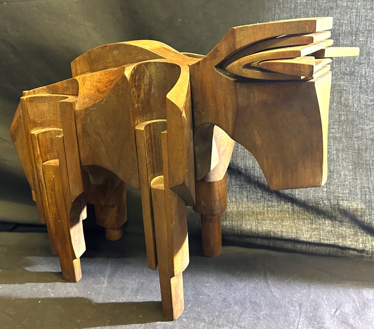 Large Animal Sculpture In Solid Wood Puzzle Style 1980