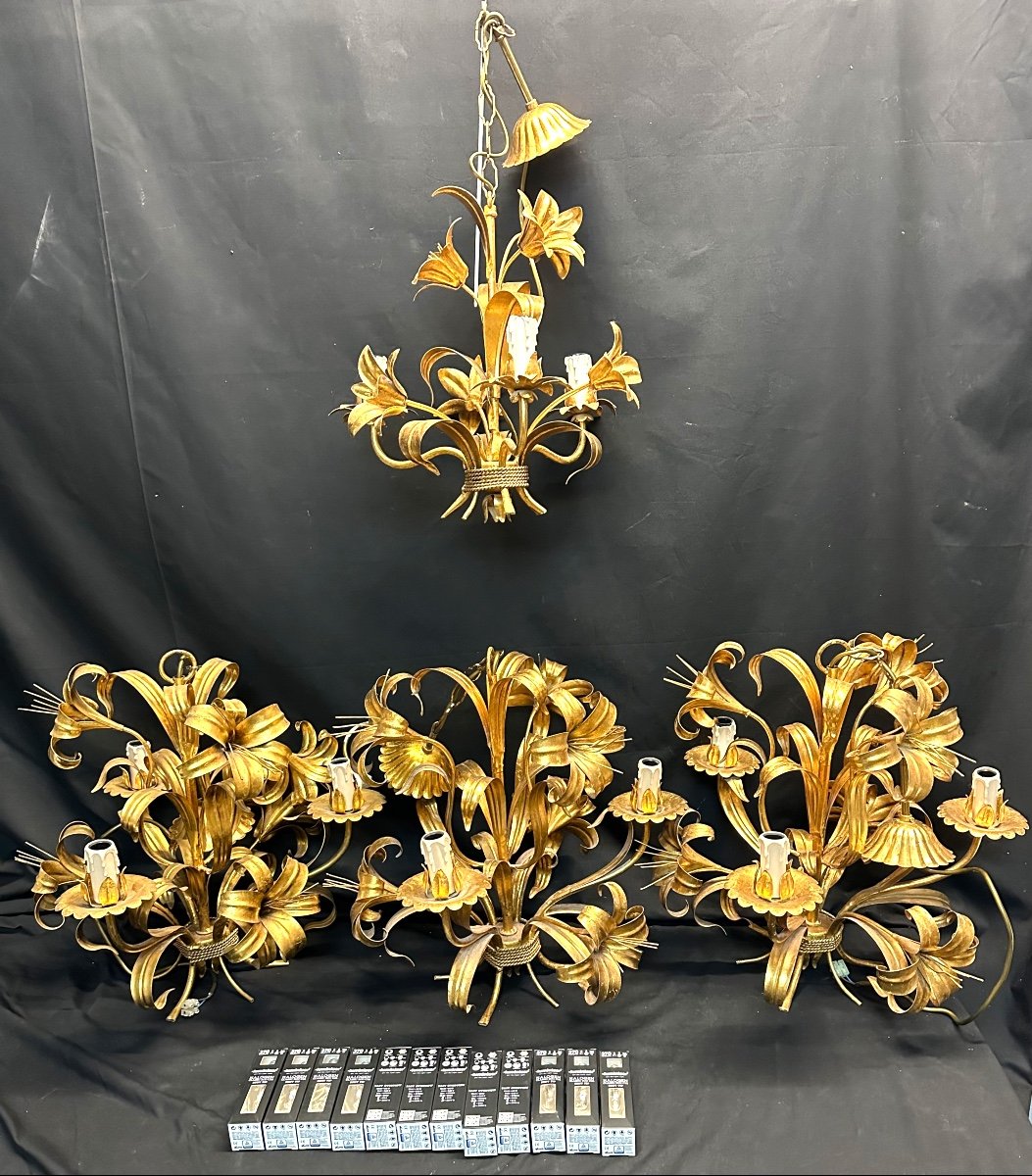 Rare Suite Of 4 Corn Ear Chandeliers Maison Masca Golden Metal 1960 In Very Good Condition Gerbe Chandelier-photo-2