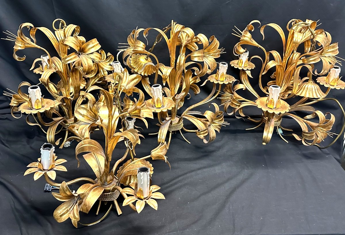 Rare Suite Of 4 Corn Ear Chandeliers Maison Masca Golden Metal 1960 In Very Good Condition Gerbe Chandelier-photo-3