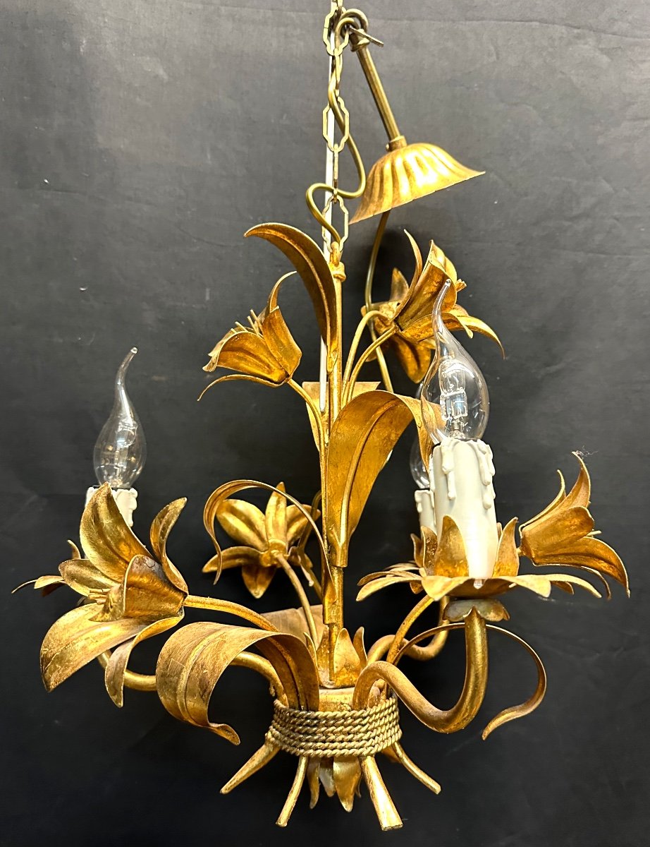 Rare Suite Of 4 Corn Ear Chandeliers Maison Masca Golden Metal 1960 In Very Good Condition Gerbe Chandelier-photo-4
