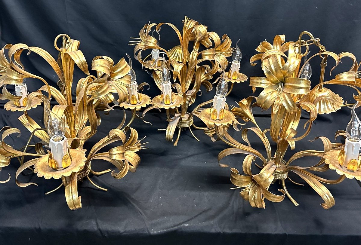 Rare Suite Of 4 Corn Ear Chandeliers Maison Masca Golden Metal 1960 In Very Good Condition Gerbe Chandelier-photo-1