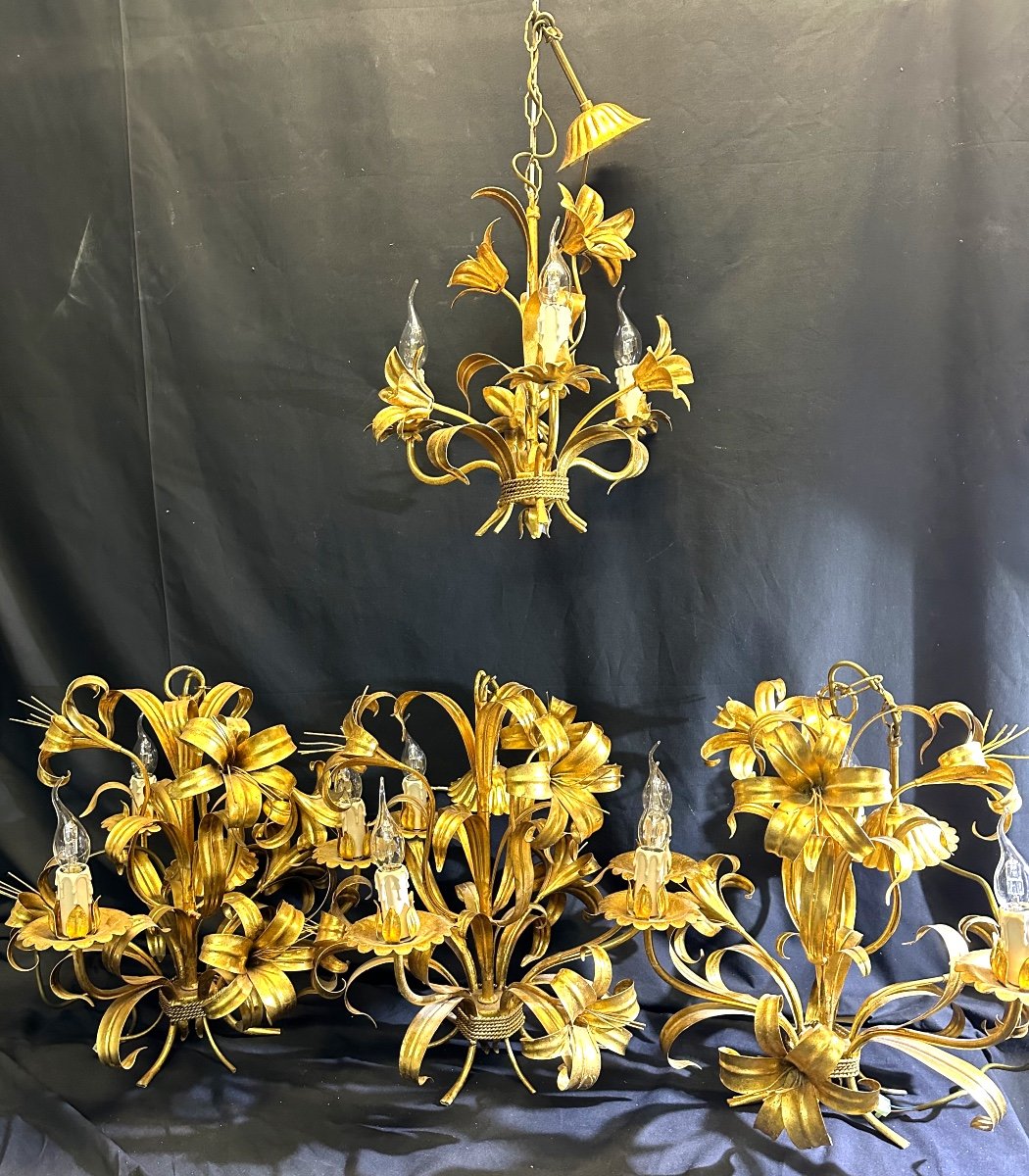Rare Suite Of 4 Corn Ear Chandeliers Maison Masca Golden Metal 1960 In Very Good Condition Gerbe Chandelier-photo-2