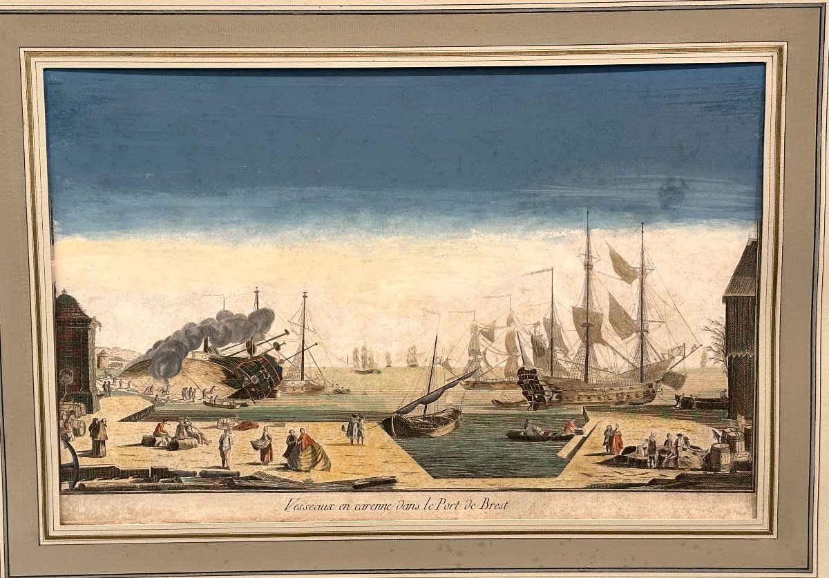Vue d’optique gravure XVIIIe Port de Brest rehaussée en couleurs Bretagne -photo-2