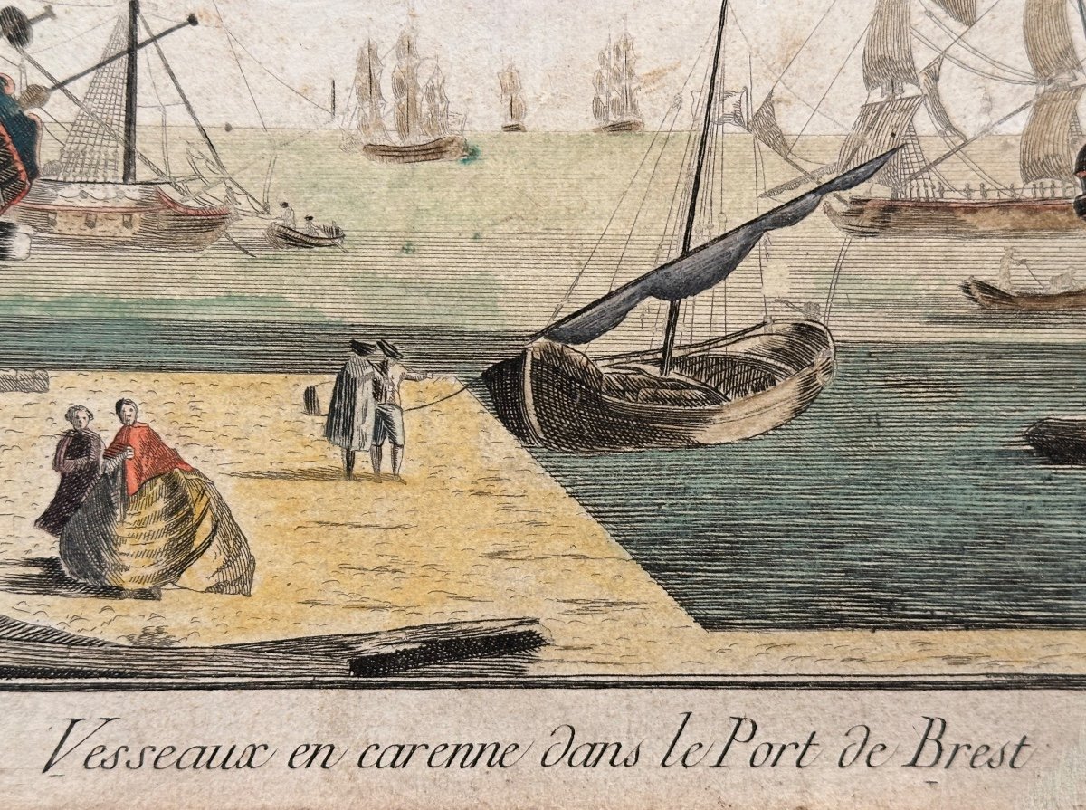 Vue d’optique gravure XVIIIe Port de Brest rehaussée en couleurs Bretagne -photo-4