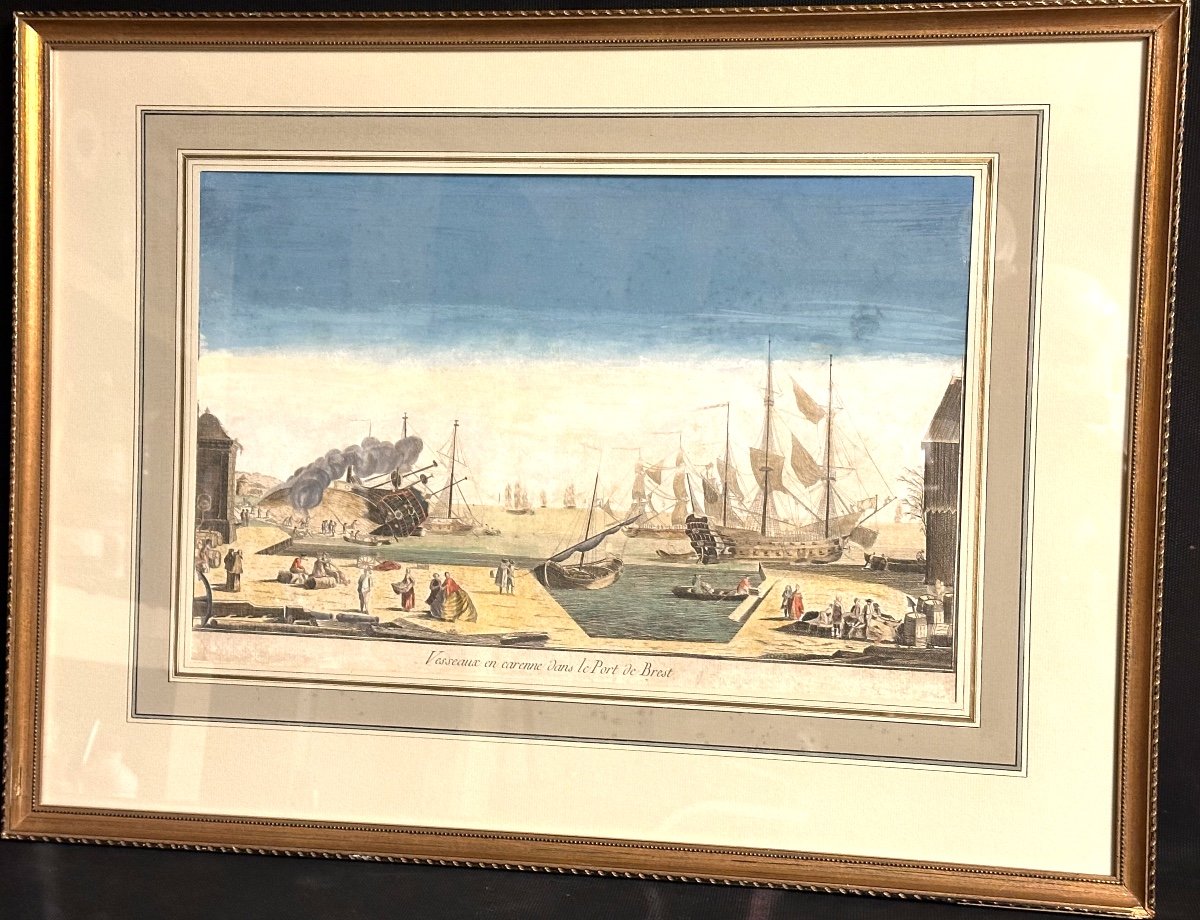 Vue d’optique gravure XVIIIe Port de Brest rehaussée en couleurs Bretagne 