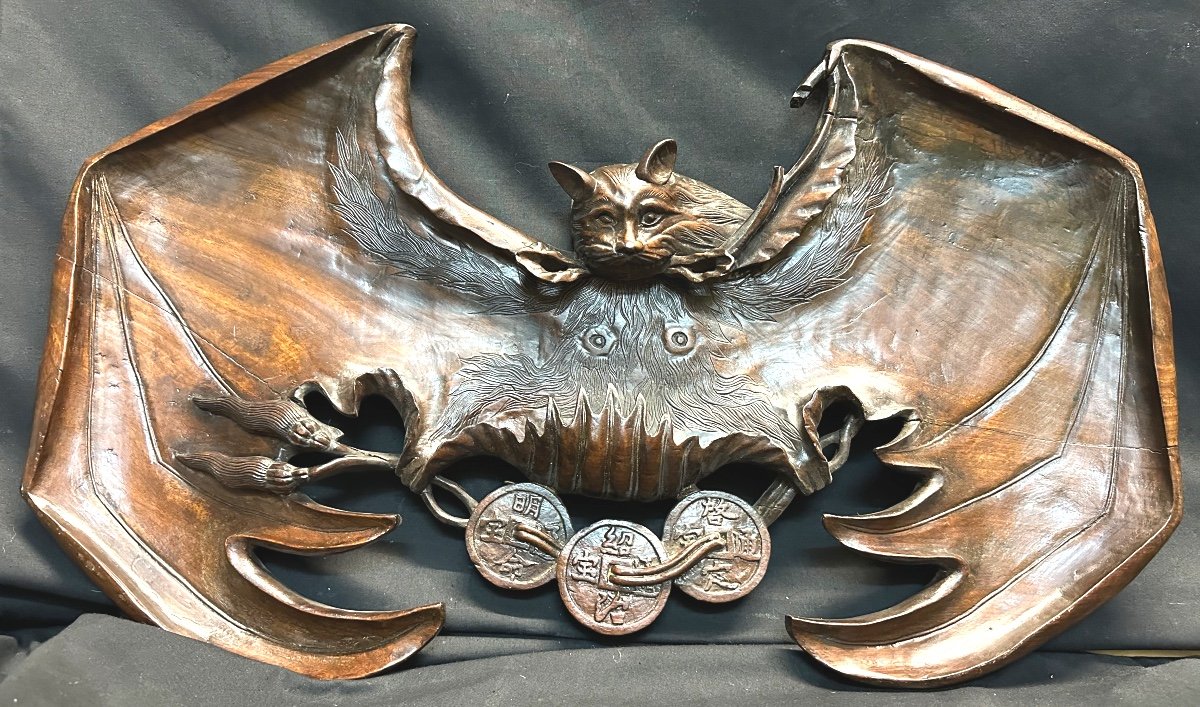 China Vietnam 19th Century Bat And Coin Tray In Carved Wood