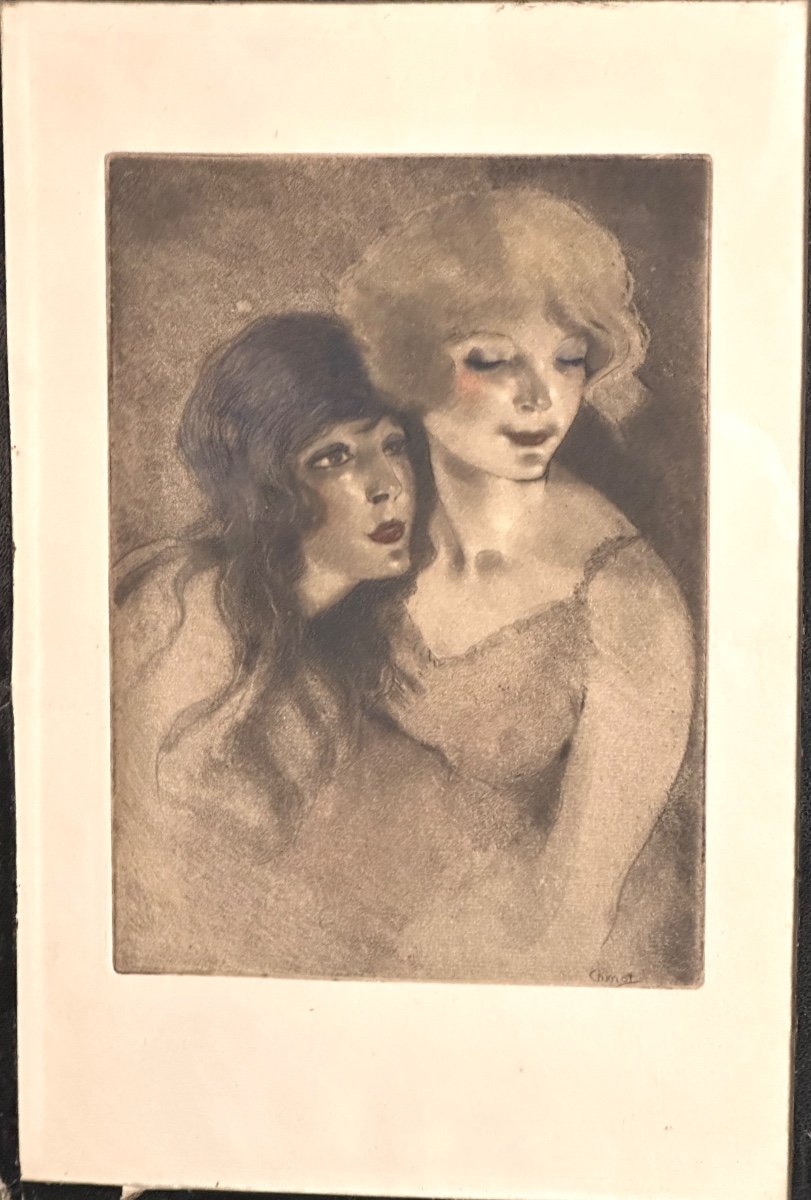 édouard CHIMOT 1880-1959 Les 2 Amies Art Deco Lithographie  polychrome-photo-2