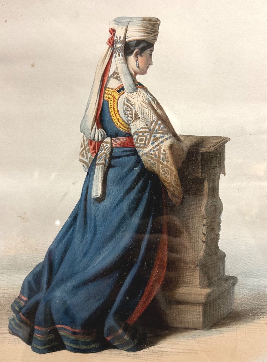 Jeune femme de Caraffa Calabre Naples Italie Grande lithographie XIXe Galerie Royale de costumes-photo-3