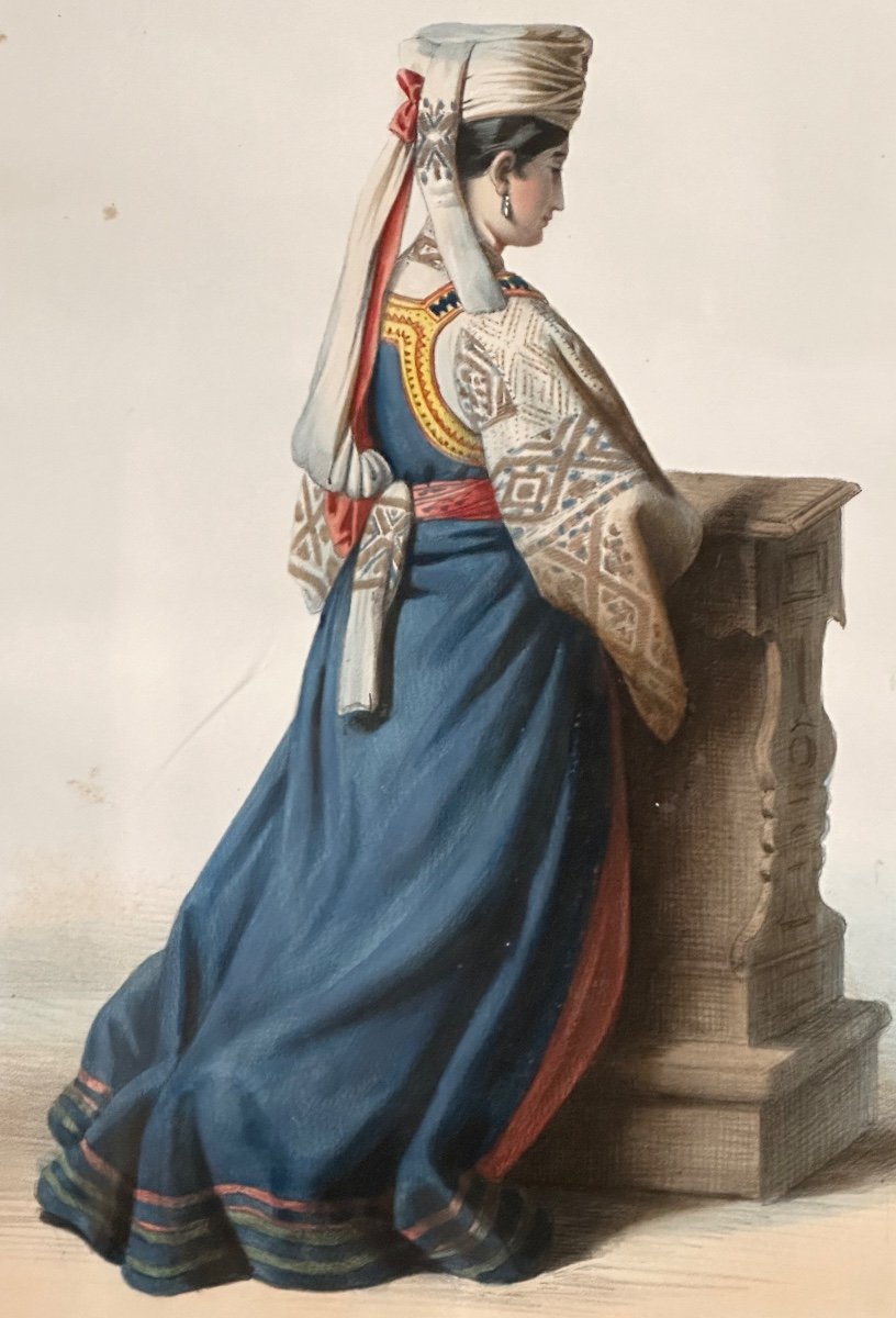 Jeune femme de Caraffa Calabre Naples Italie Grande lithographie XIXe Galerie Royale de costumes-photo-2
