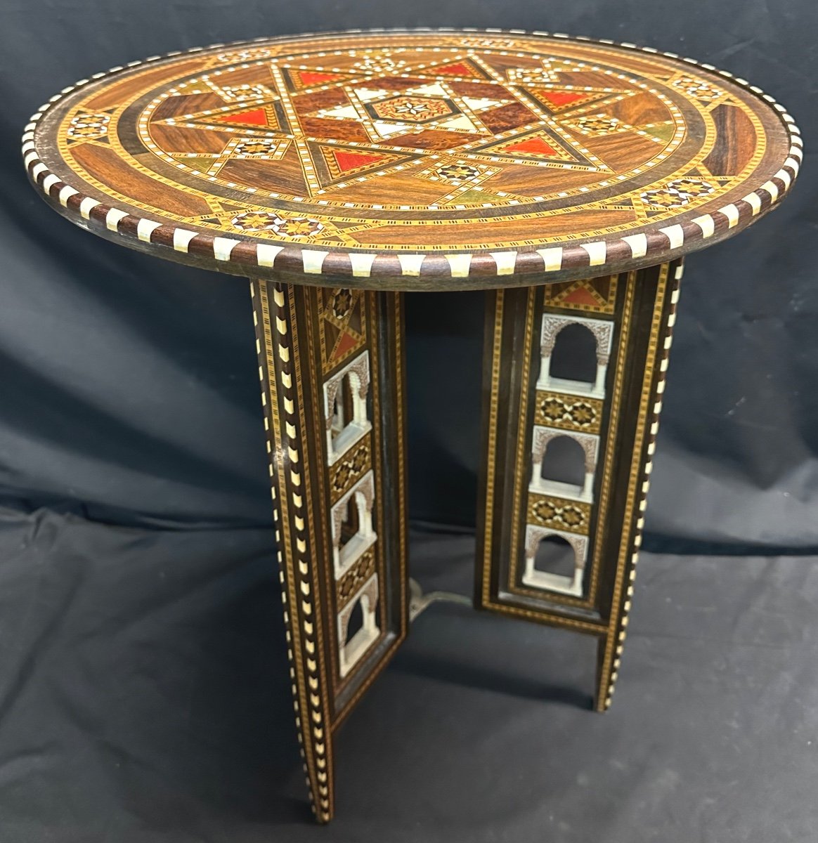Old Alhambra Side Folding Tea Table Oriental Syrian Marquetry -photo-2