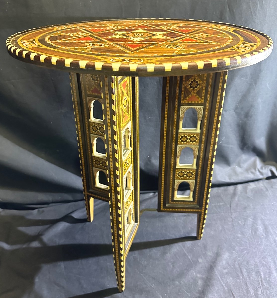 Old Alhambra Side Folding Tea Table Oriental Syrian Marquetry -photo-3