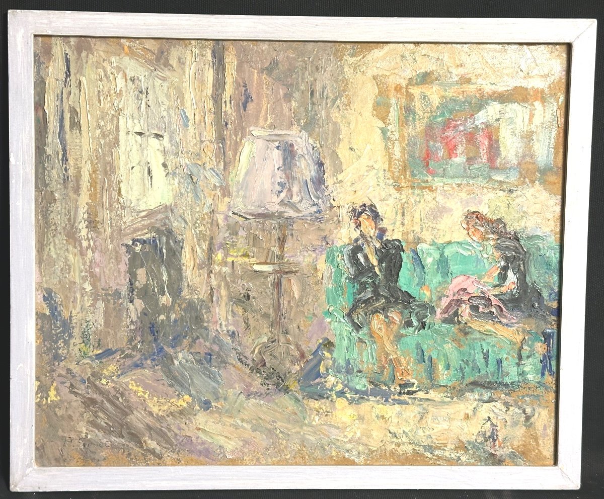 Paulette GENET 1892-1983 Huile double face Scene d’intérieur animée Lyon /9-photo-2