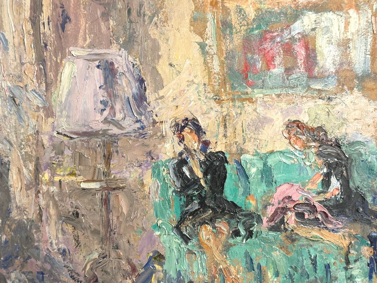 Paulette GENET 1892-1983 Huile double face Scene d’intérieur animée Lyon /9-photo-3