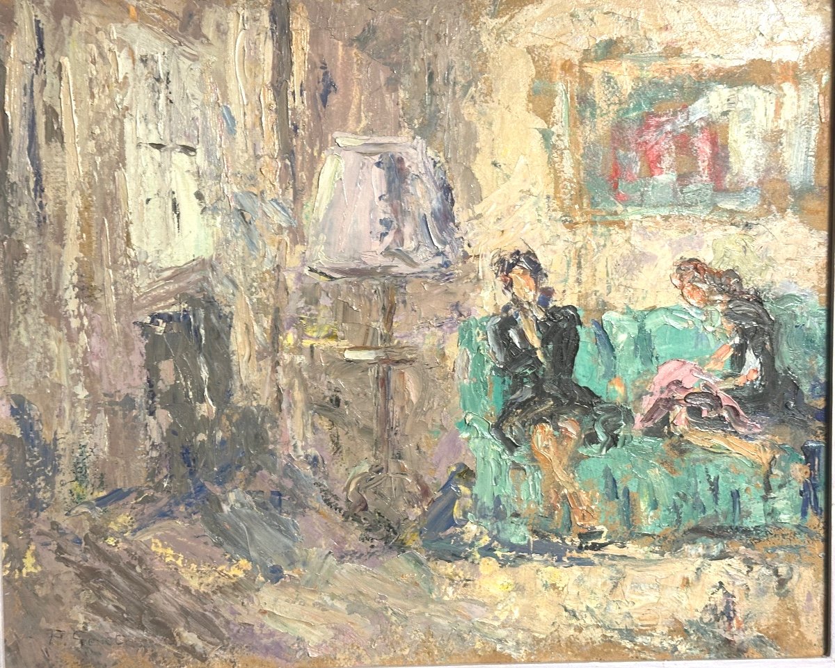 Paulette GENET 1892-1983 Huile double face Scene d’intérieur animée Lyon /9