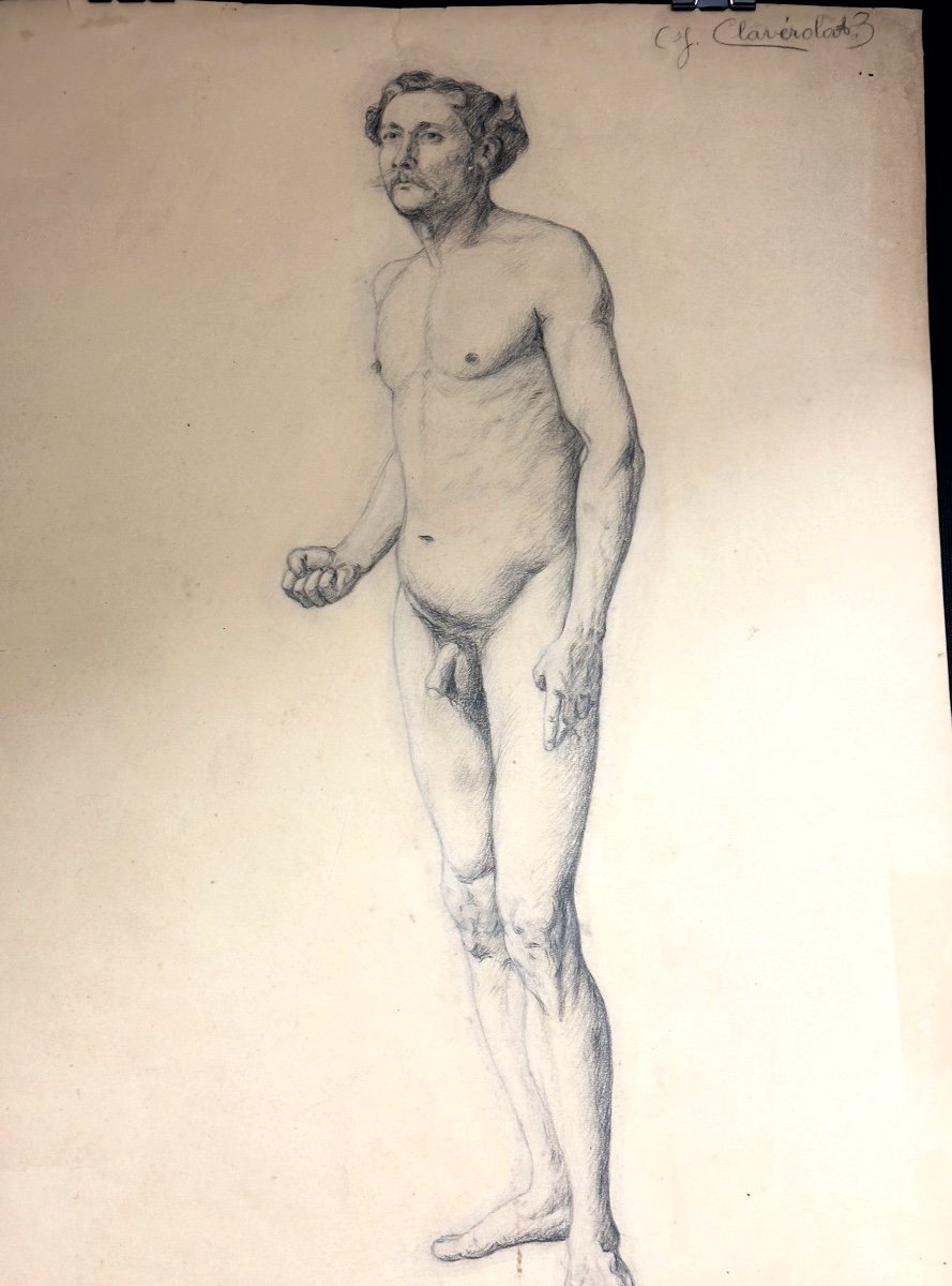 Jacques Claverolat 19th Century Large Double Sided Drawing Académie d'Homme 1883 Beaux Arts De Lyon-photo-2