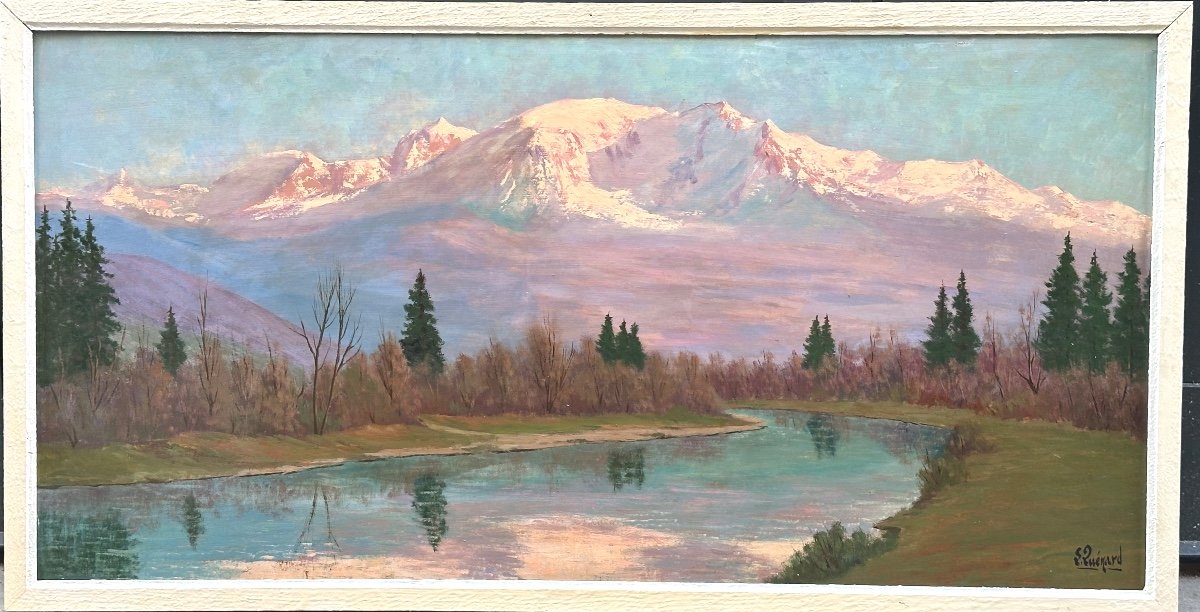 Lucien QUENARD 1902-1995 GRANDE huile Le Mont Blanc L’Arve 60x120cm Montagne Alpes
