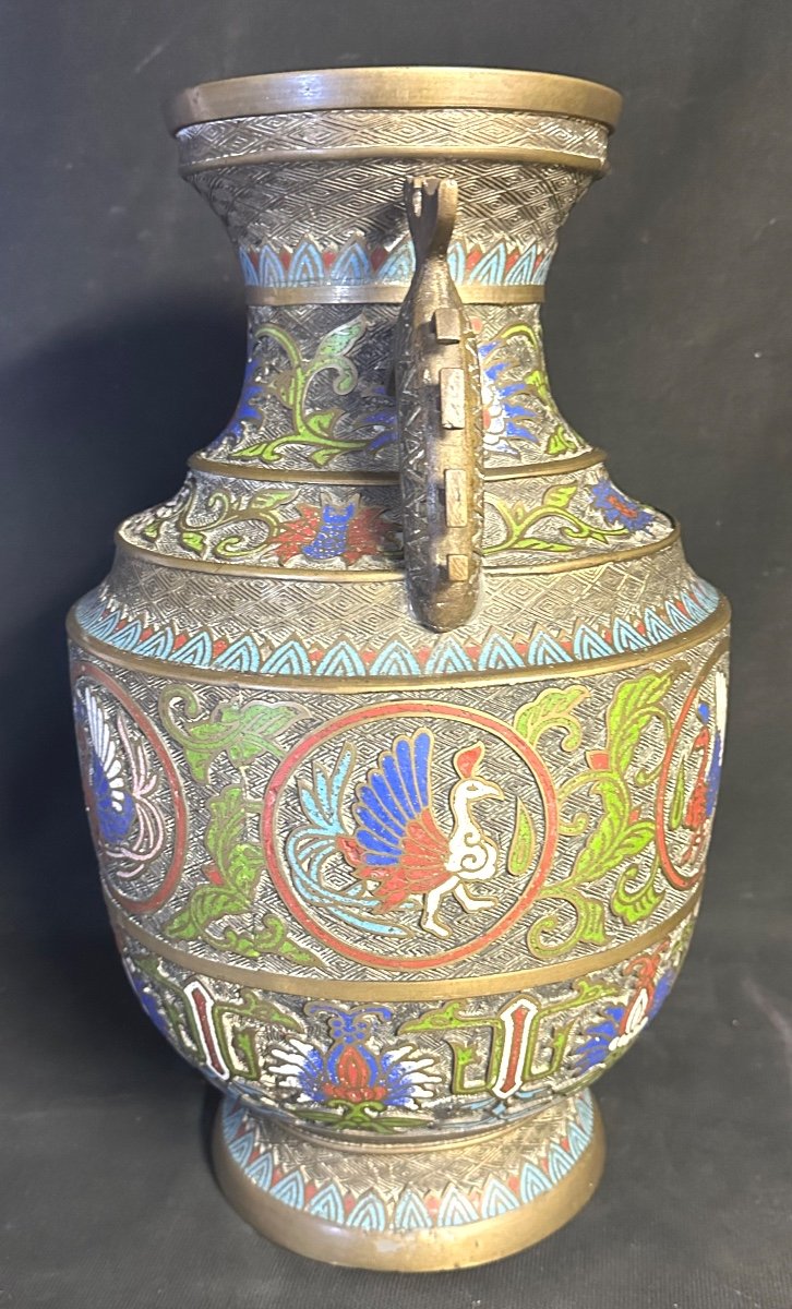 CHINE Grand vase cloisonné en bronze fin XIXe Décor oiseaux et fleurs -photo-4