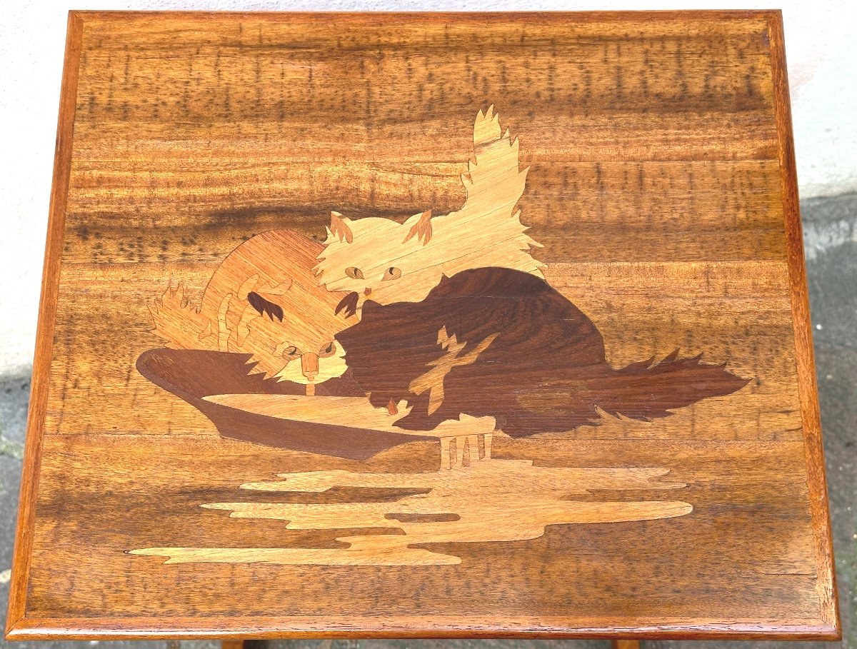 émile Gallé 1846-1904 Rare table CHATS en marqueterie Art Nouveau Nancy En très bon état chat-photo-2