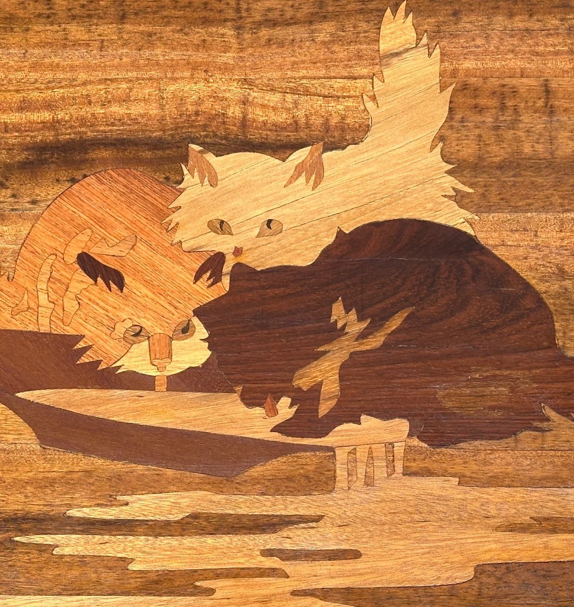 émile Gallé 1846-1904 Rare table CHATS en marqueterie Art Nouveau Nancy En très bon état chat-photo-3