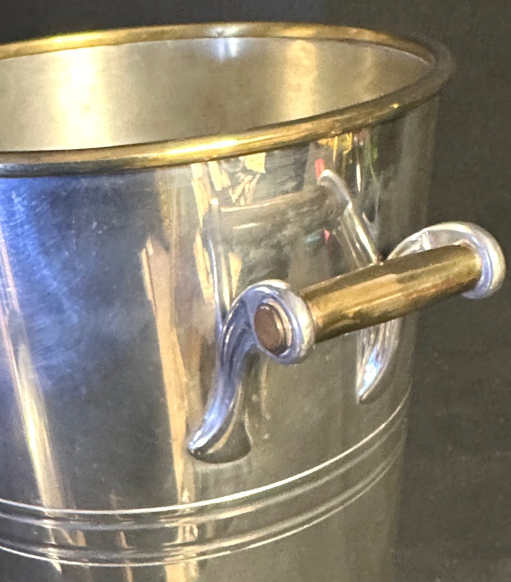 Champagne Bucket In Silver Metal And Brass Two-tone Art Deco Style -photo-3