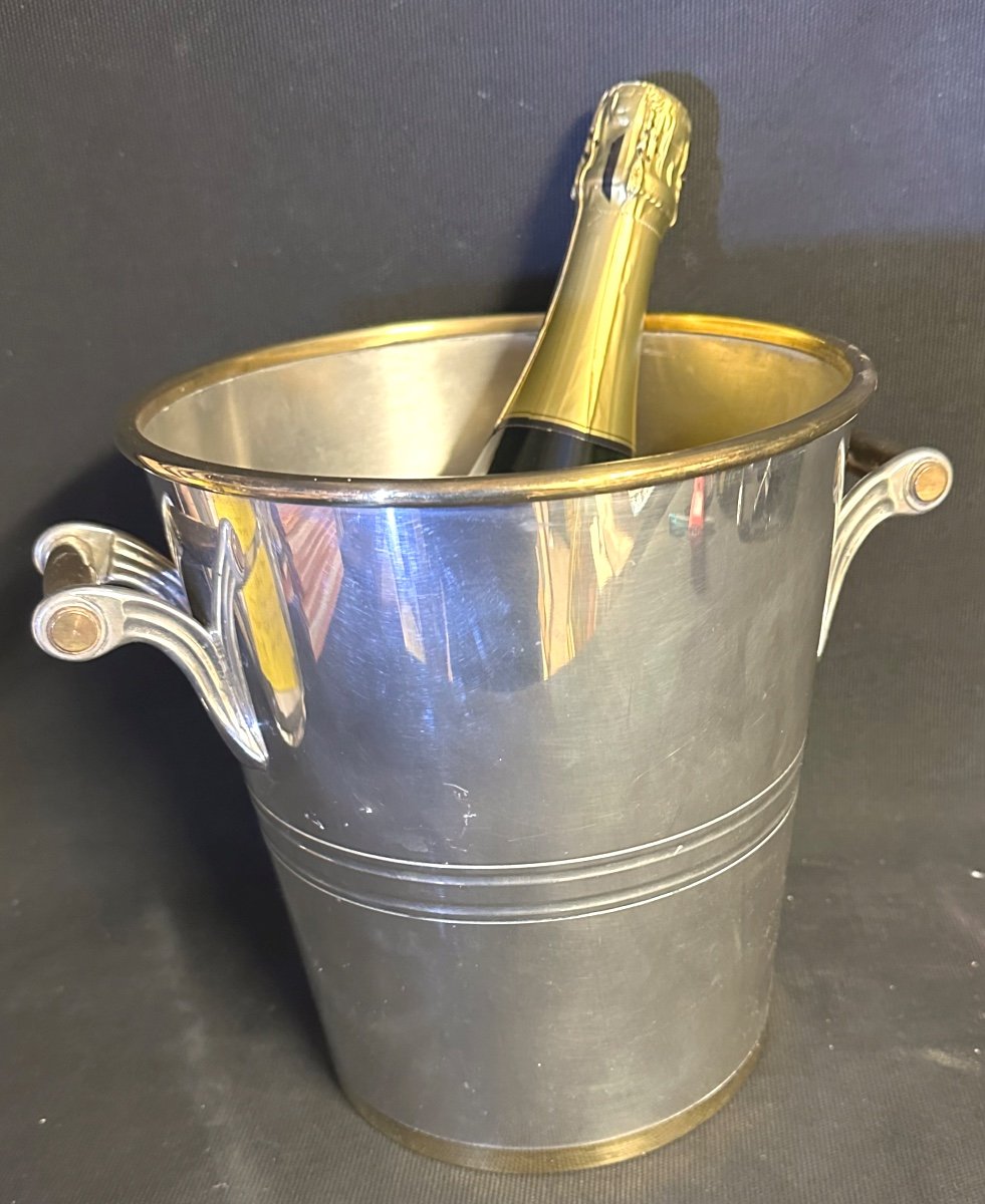 Champagne Bucket In Silver Metal And Brass Two-tone Art Deco Style 
