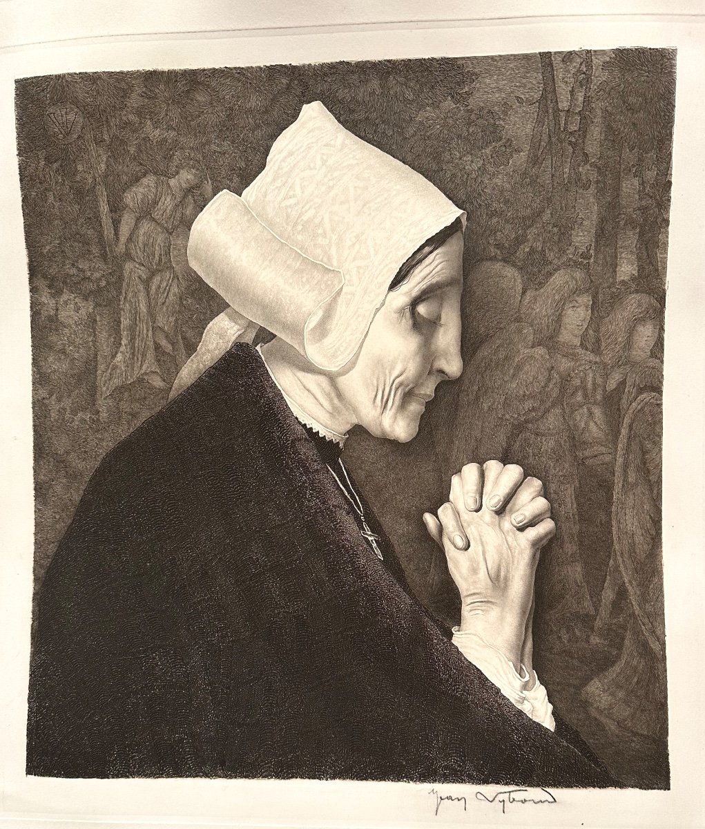 Jean Vyboud 1872-1944 Breton Etching In Prayer In Very Good Condition Brittany Savoie -photo-3