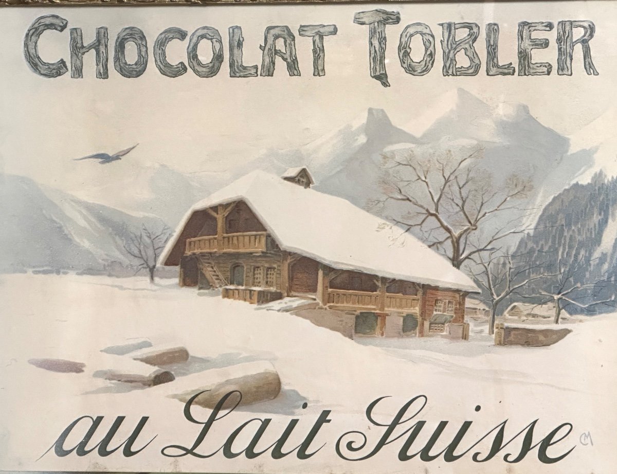 Tobler Swiss Milk Chocolate Old Lithograph 1900 Signed C.m. In Its Original Frame-photo-2
