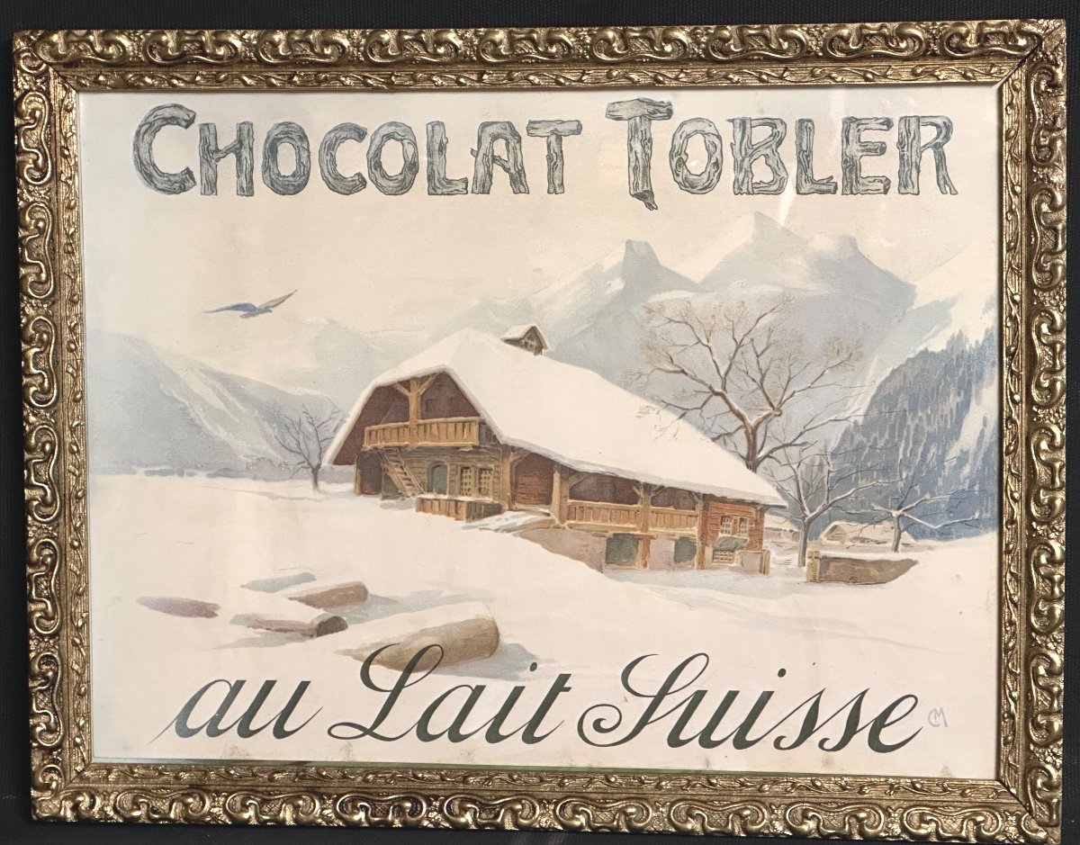 Tobler Swiss Milk Chocolate Old Lithograph 1900 Signed C.m. In Its Original Frame-photo-3
