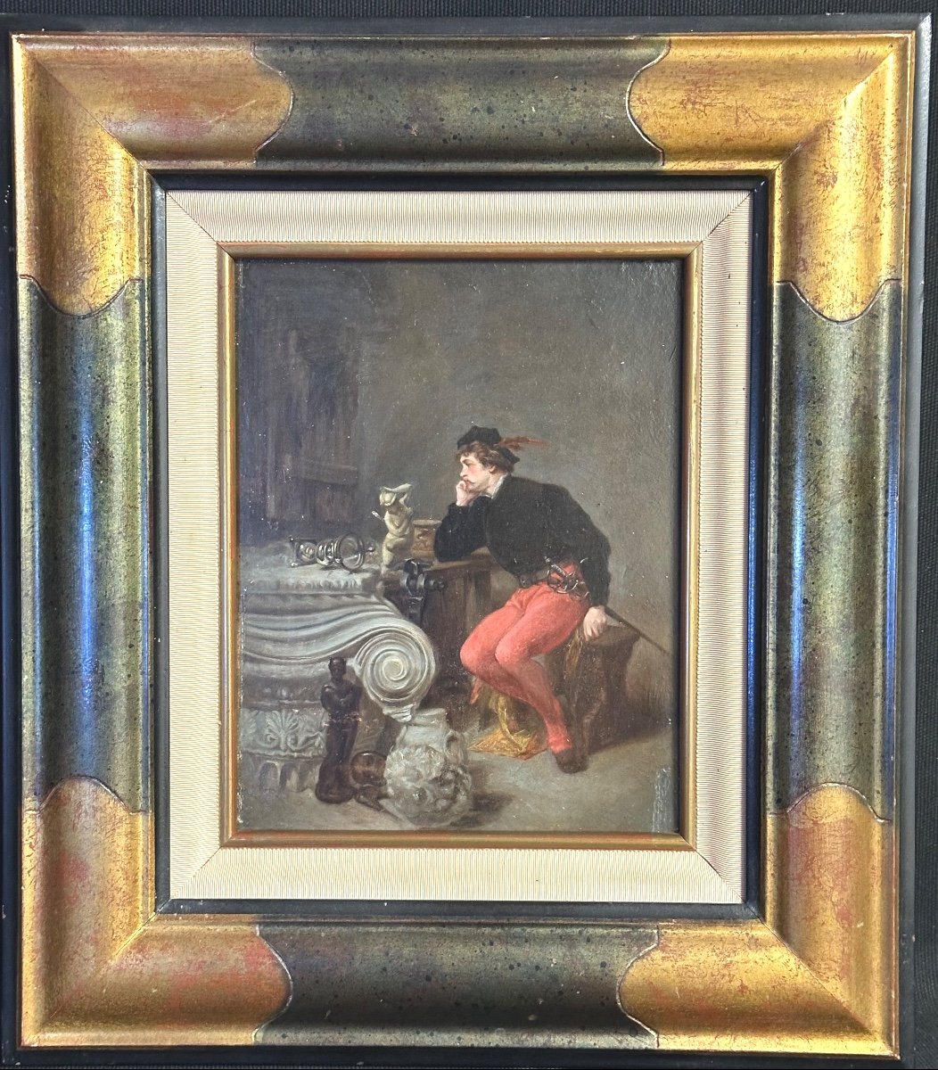 Ascanio Ciseleur Florentin du XVIe Ami de Cellini par Jean FAUVELET 1819-1883 Huile sur acajou XIXe Romantique-photo-2