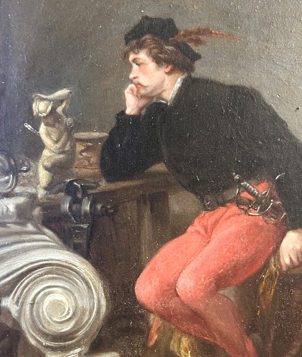 Ascanio Ciseleur Florentin du XVIe Ami de Cellini par Jean FAUVELET 1819-1883 Huile sur acajou XIXe Romantique-photo-3