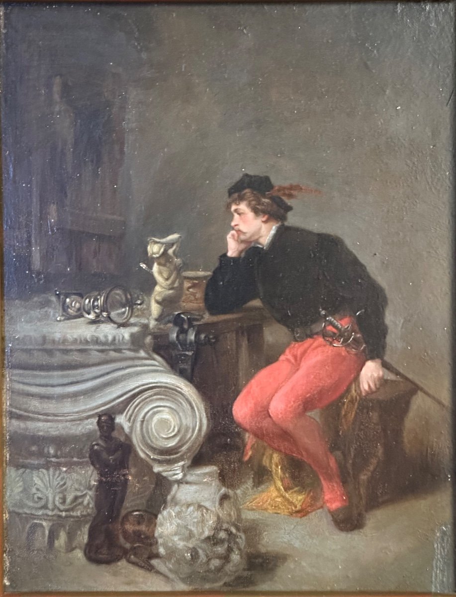 Ascanio Ciseleur Florentin du XVIe Ami de Cellini par Jean FAUVELET 1819-1883 Huile sur acajou XIXe Romantique