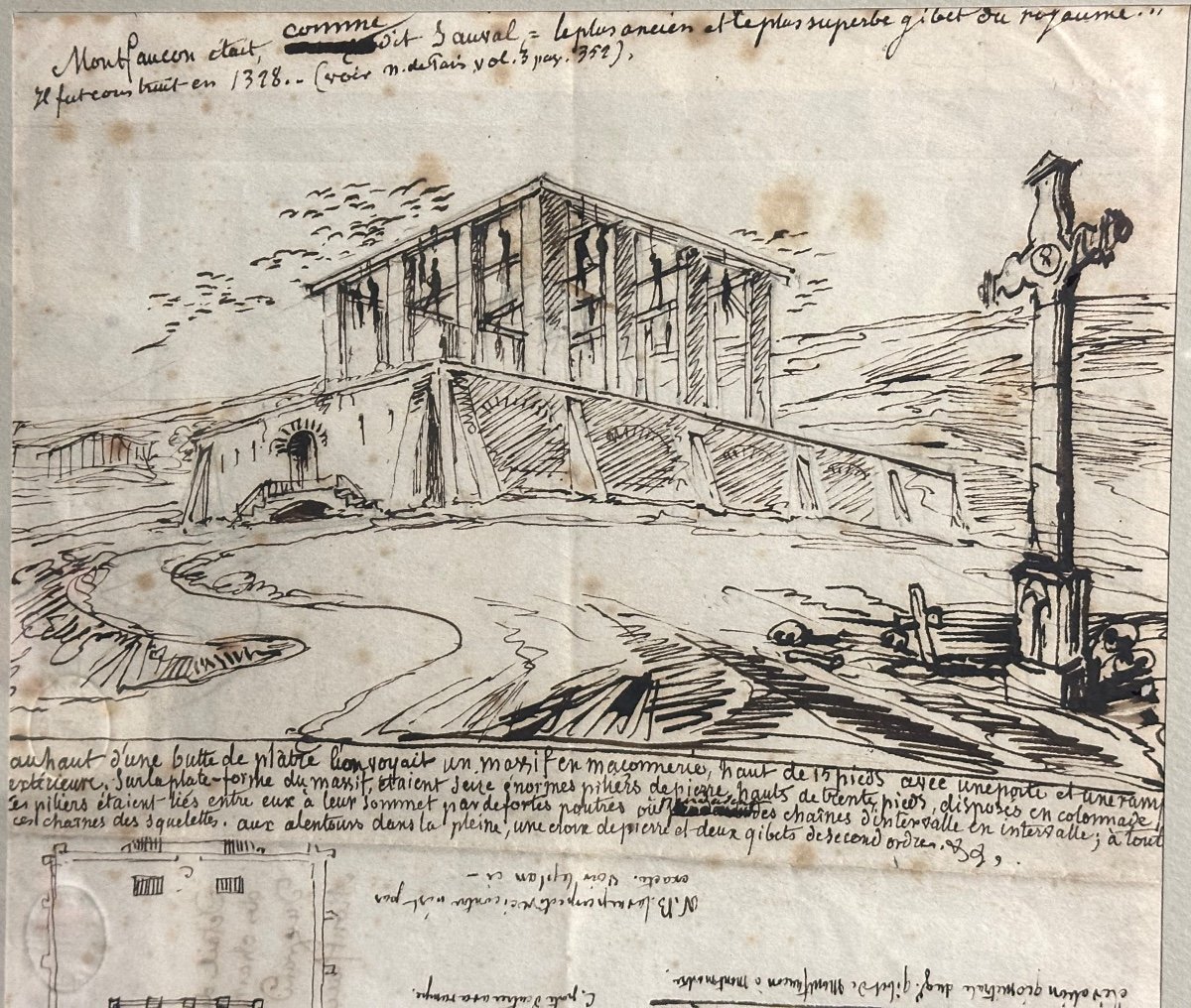 The Gibet Of Montfaucon 18th Century Drawing Double Sided With Skeleton And Notes Curiosity Hanged Death -photo-7
