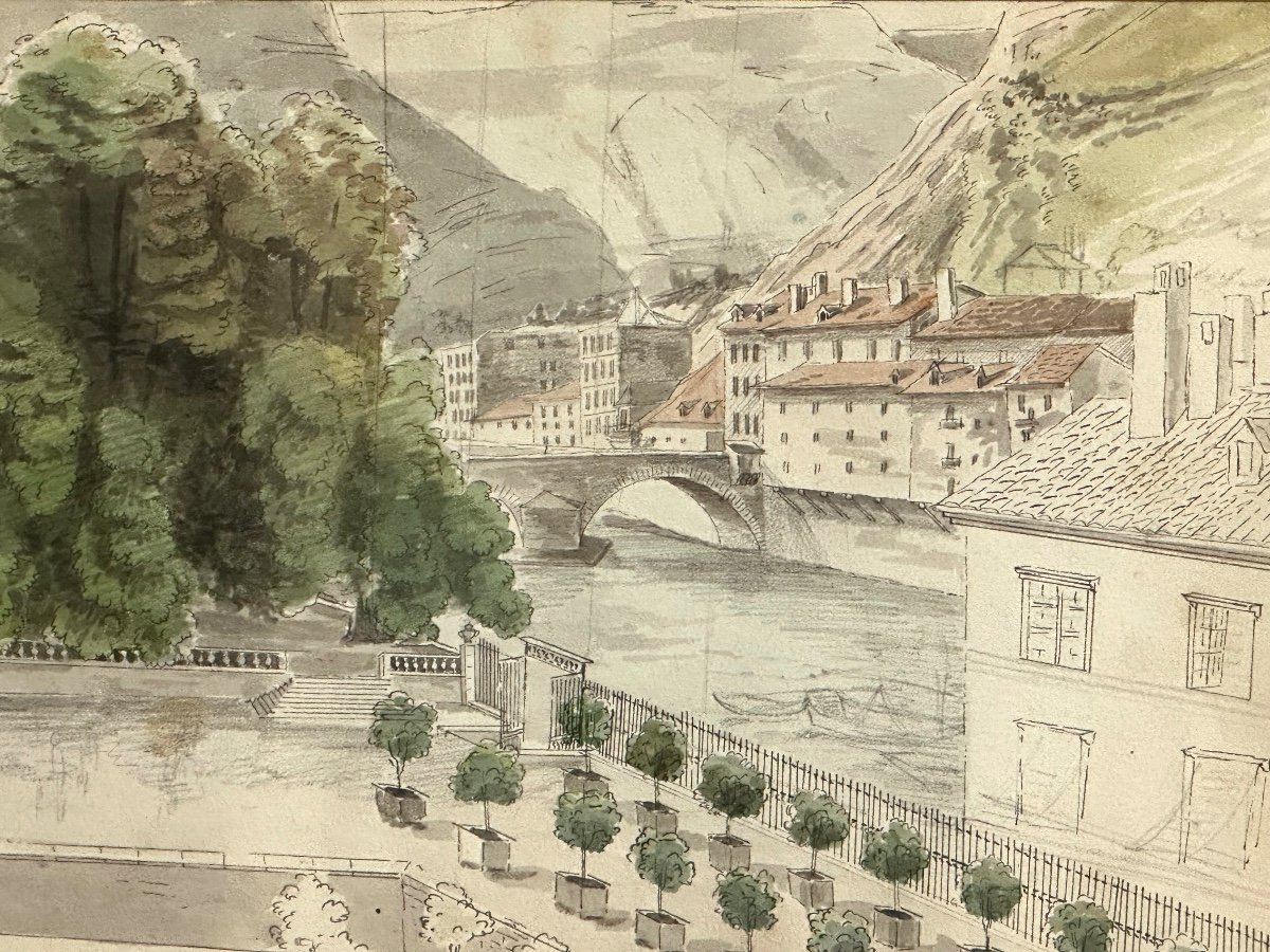 Claude Honoré BACHE 1801-1872 Aquarelle Grenoble Jardin de Ville en 1839 Isère Dauphiné /2-photo-3