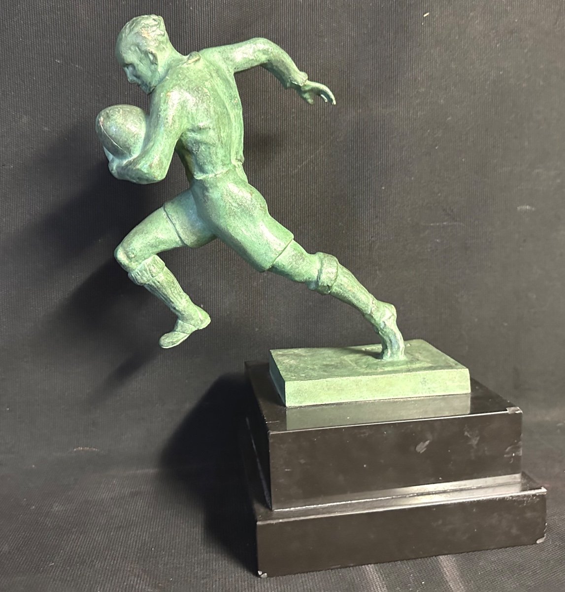 Rugby Edouard Fraisse 1880-1956 Bronze Art Deco Rugbyman The Breakthrough Or Trial Race Sport-photo-1