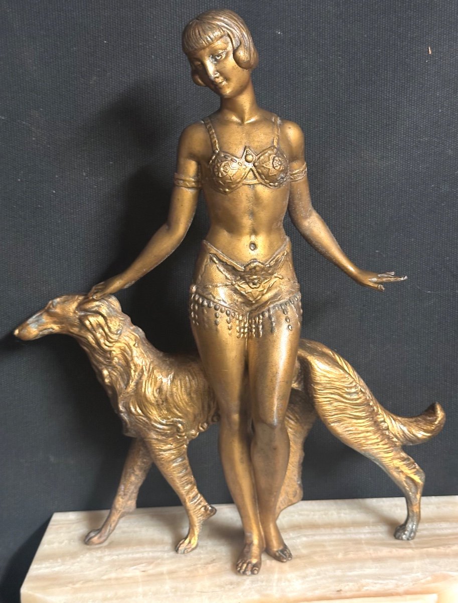 Sculpture Art Deco attribuée à Pierre RIGAL Jeune femme au lévrier 1930-photo-1