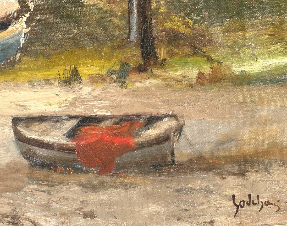 émile GODCHAUX 1860-1938 Grande huile Paysage animé à la barque -photo-4